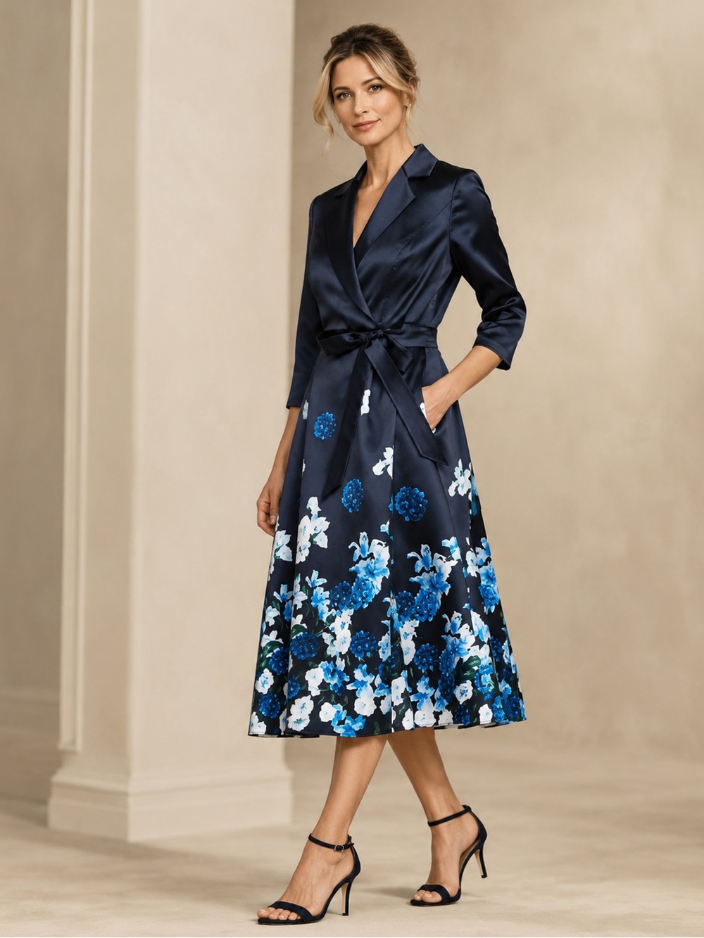 NWT Alex Evenings V-Neck 3/4-Sleeve Floral-Print Belted Midi Dress Navy